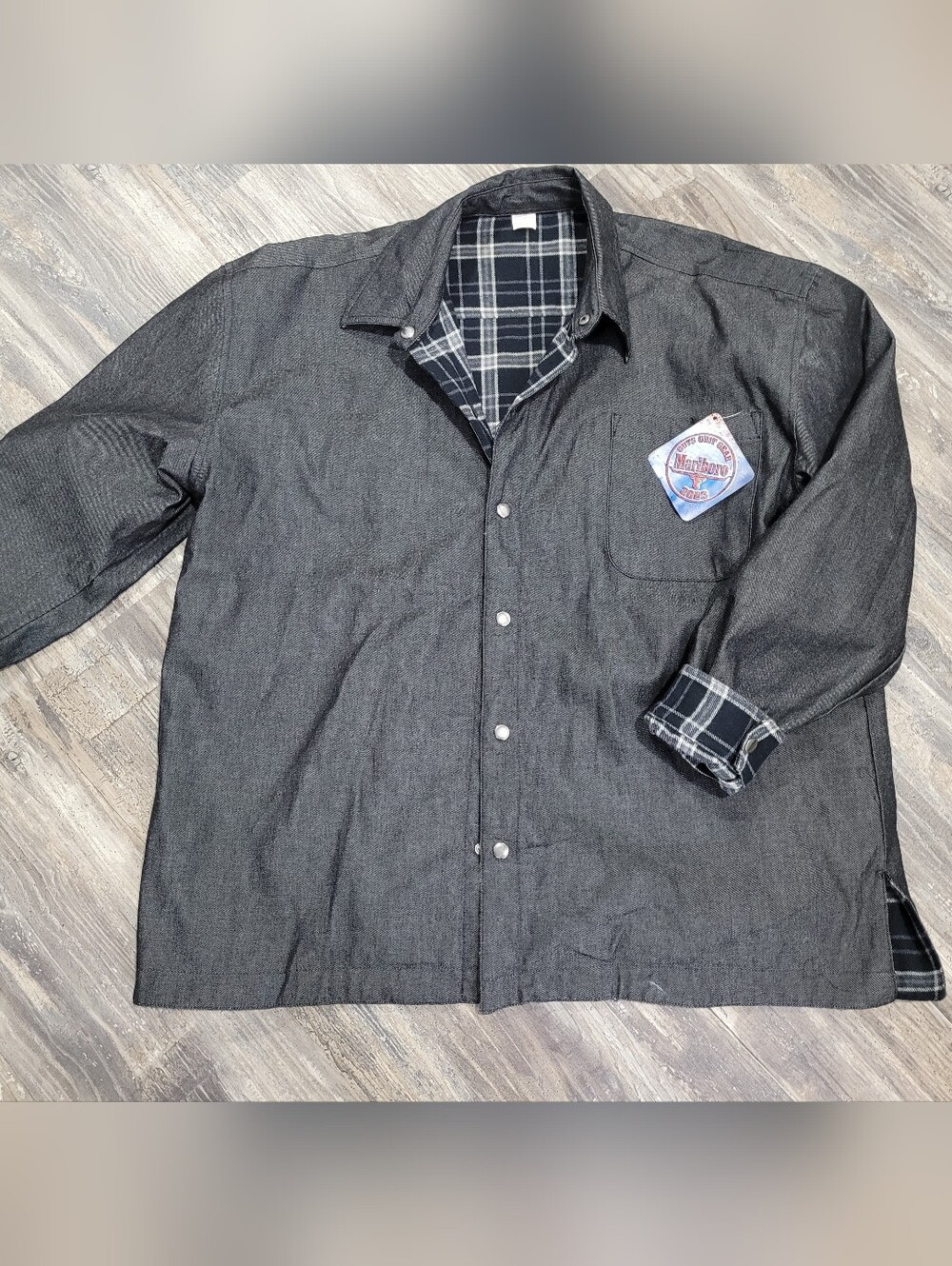 Vintage Marlboro Shirt Jacket Mens XXL Gray Plaid Lined Reversible New